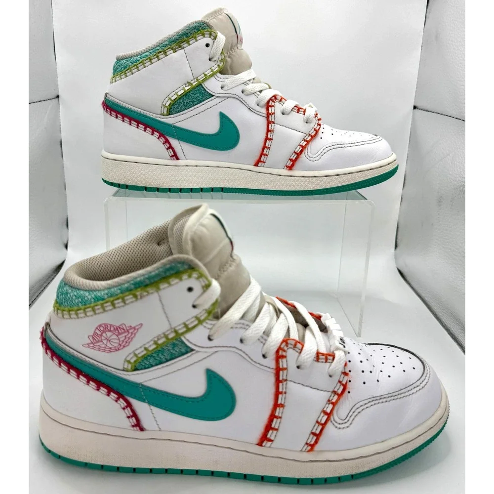 Nike Air Jordan 1 Mid SE Multi Knit White Teal Orange Sneakers Sz 6.5Y/Women 8